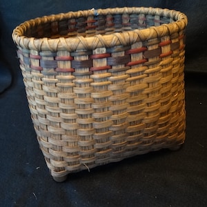 Hand Woven Storage Basket: Dark Walnut with Navy, Green, Burgundy Accents