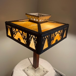 Antique Arts & Crafts Mission Cast Iron and Slag Glass Table Lamp
