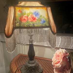 Vintage Hand-Painted Rose Lamp with Beaded Fringe