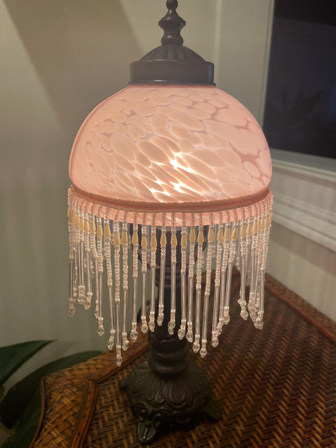 Vintage Pink Glass Table Lamp With Beaded Fringe Etsy UK