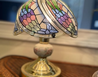 Luminária de toque estilo vitral vintage, base de cerâmica floral, luminária de destaque dos anos 1980