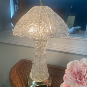 1950s Cut Crystal Parlor Table Lamp with Scalloped Shade