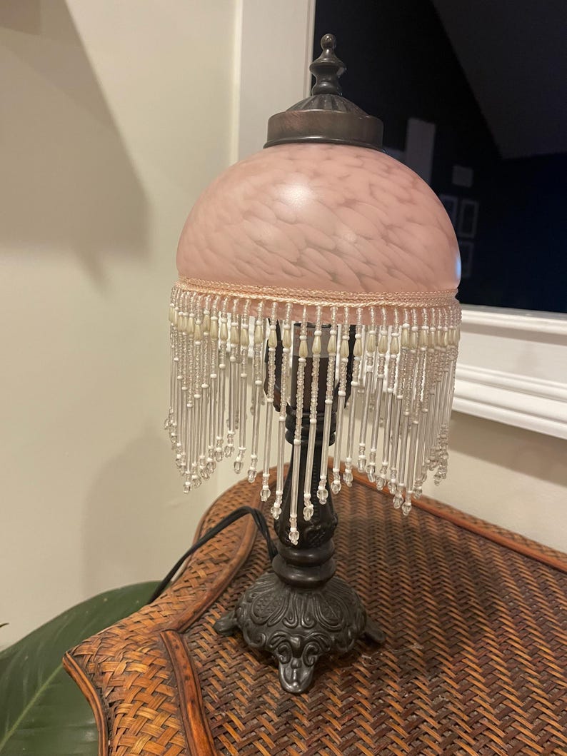 Vintage Pink Glass Table Lamp With Beaded Fringe Etsy UK