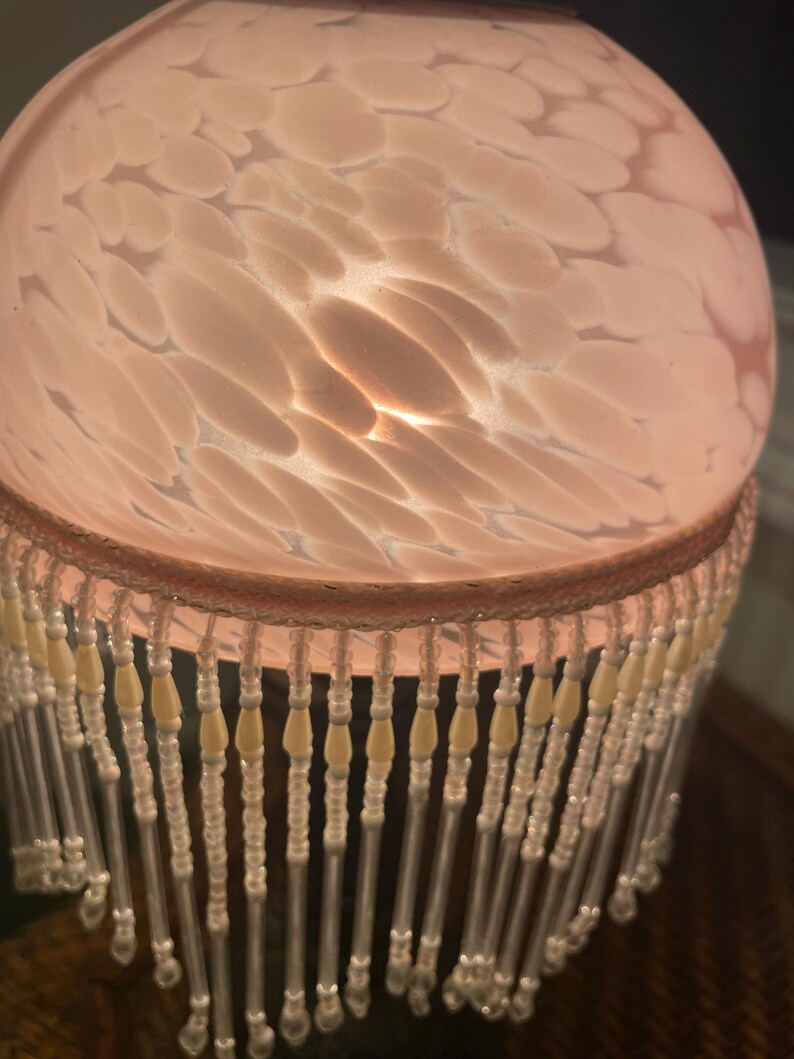 Vintage Pink Glass Table Lamp With Beaded Fringe Etsy UK