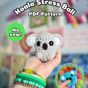 May include: A gray crocheted koala stress ball with black eyes and a black nose. The text reads Koala Stress Ball PDF Pattern and No sew!. A smaller circular inset shows a blue crocheted koala being squeezed, with the text @mysticallyyourscrochet.