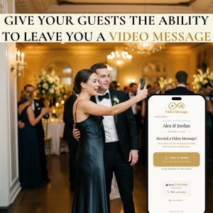 Peut inclure: Une interface numérique sur un écran de smartphone affichant un service de messages vidéo de mariage pour Alex & Jordan. L'écran présente un bouton doré 'Take a Video', des invites textuelles et une limite d'enregistrement d'une minute.