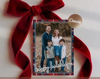 Holiday Photo Card, Navy Plaid Christmas Greetings, Editable in Canva