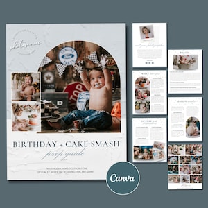 May include: A prep guide for birthday and cake smash photoshoots. The cover features a baby covered in cake, with additional photos and text. The guide includes tips and ideas for planning a photoshoot.
