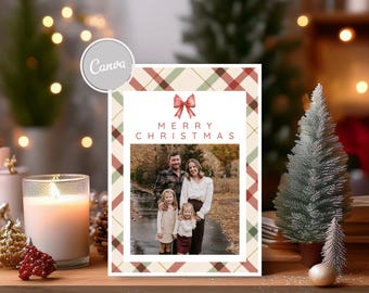Christmas Photo Card, Modern Plaid Bow Canva Template, Two-Sided 5x7 Design