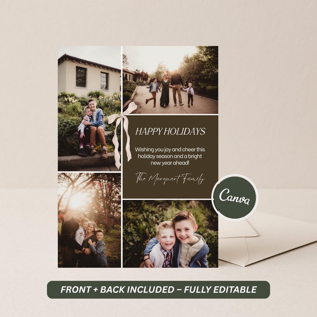 Holiday Card Photo Collage Christmas Template, Editable Canva Design