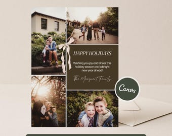 Holiday Card Photo Collage Christmas Template, Editable Canva Design, Printable