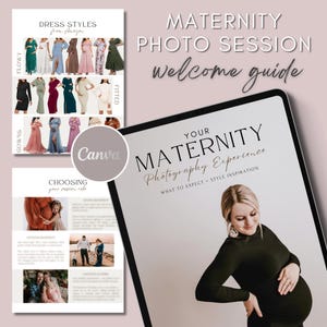 Peut inclure: Un guide de bienvenue numérique pour une séance photo de maternité. Le guide présente une personne enceinte, des styles de robes et une inspiration pour la séance. Le texte comprend "Maternity Photo Session Welcome Guide" et "Your Maternity Photography Experience."