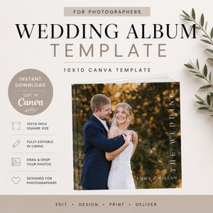 Op de afbeelding: Een trouwalbumsjabloon met de tekst "WEDDING ALBUM TEMPLATE" en "10x10 CANVA TEMPLATE". De omslag toont een foto van een lachend stel. Het album is 25,4 x 25,4 cm vierkant en volledig bewerkbaar in Canva. Ontworpen voor fotografen.