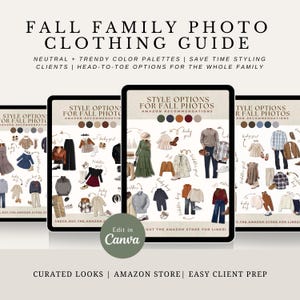 May include: A digital guide titled "FALL FAMILY PHOTO CLOTHING GUIDE" with clothing style options for fall photos. The guide includes neutral and trendy color palettes, and head-to-toe options. The image shows several tablets with curated looks.