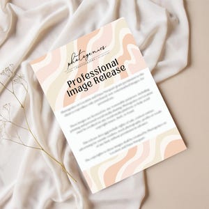 May include: A professional image release form with the text "Professional Image Release" in a retro-style design. The document is on a white background with a wavy pattern in shades of peach and cream. A sprig of dried flowers is in the foreground.