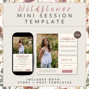 Può includere: Modello digitale per Mini Sessioni Wildflower, con una giovane donna in un campo di fiori. Il design include testo per una sessione di 20 minuti, 5 immagini digitali e una data di prenotazione dal 27 al 28 giugno. Include modelli di storie e post.