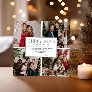Modello Canva per mini sessioni fotografiche natalizie: volantino fotografico moderno per servizi fotografici durante le festività.
