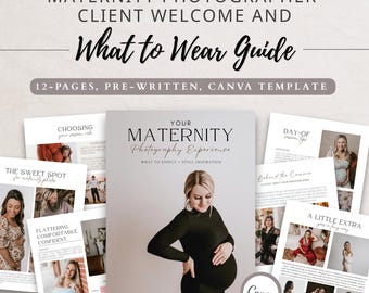Modelo de guia para clientes de fotografia de gestantes, boas-vindas à sessão, como se vestir | Design editável no Canva