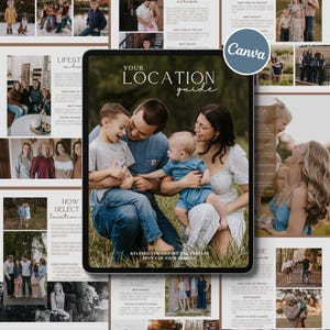 Peut inclure: Une tablette numérique affichant un modèle de guide de localisation avec le texte YOUR LOCATION guide. L'écran montre une famille de quatre personnes assise dans un champ, avec divers collages photo et sections de texte en arrière-plan.