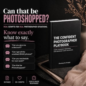 Op de afbeelding: Een zwart hardcover boek getiteld The Confident Photographer Playbook met witte tekst. De kaft bevat de ondertitel Clear, Confident Responses for Awkward Client Situations en de tekst Shooting You Straight. De achtergrond toont tekst.