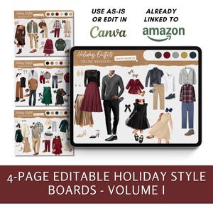 May include: A digital tablet displays a collection of holiday outfit ideas, with various clothing items arranged on a white background. The text "Holiday Outfits from Amazon" is visible. The image also includes the text "4-PAGE EDITABLE HOLIDAY STYLE BOARDS - VOLUME I."
