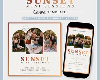 Canva-sjabloon voor zonsondergang minisessies, marketingflyer fotograaf (digitale download)