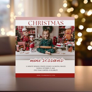 May include: A promotional image with the word "CHRISTMAS" in red. The image features a young girl in a green outfit with a rolling pin, surrounded by Christmas decorations and gingerbread men. The text "mini sessions" is also visible.