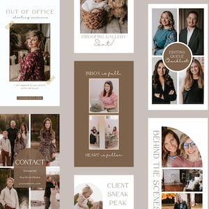 May include: A collage of images with text overlays. The images include portraits, family photos, and behind-the-scenes shots. Text includes "OUT OF OFFICE", "PROOFING GALLERY", "INBOX is full", "EDITING QUEUE Checklist", "CONTACT", and "CLIENT SNEAK PEAK".