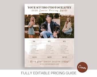 Guide de tarification des photos pour les photographes seniors | Modèle de liste de prix Canva modifiable | Photographie senior