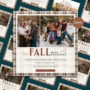 May include: A square marketing flyer for fall mini sessions featuring a brown and white plaid border. The design includes two family photographs, the text FALL MINI SESSIONS, session details, the date October 26, 2025, and a website URL.