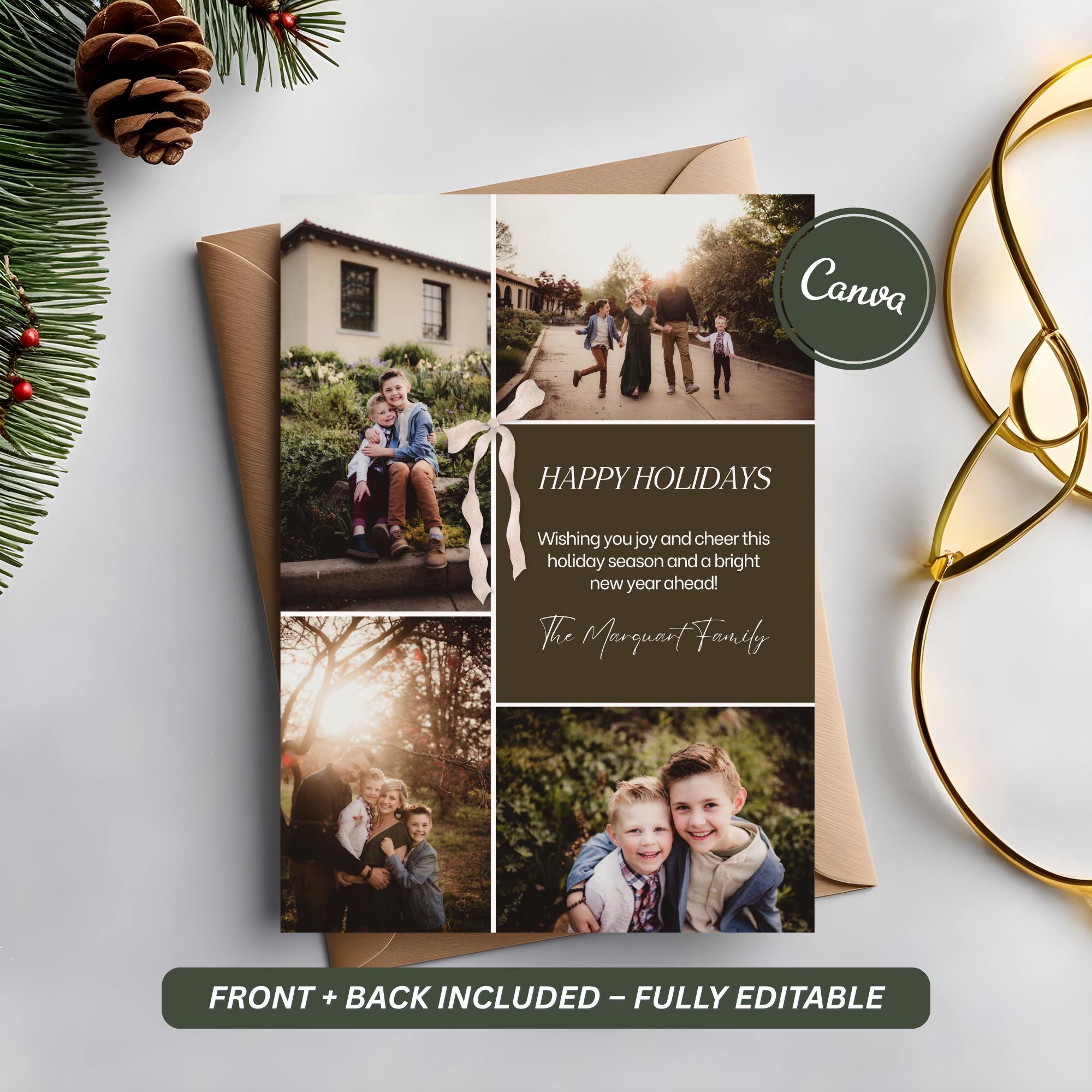Holiday Card Photo Collage Christmas Template, Editable Canva Design