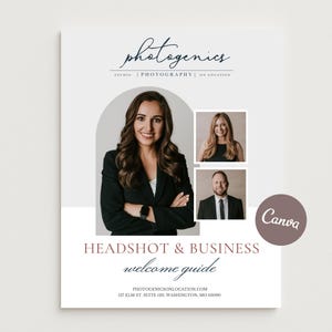 May include: A promotional flyer for Photogenics, a photography studio. The flyer features headshots of three individuals, with the main image of a woman in a black blazer. Text includes "HEADSHOT & BUSINESS welcome guide" and the studio's website.