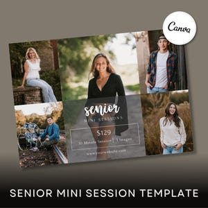 Puede incluir: Una plantilla de collage para sesiones fotográficas senior con cinco fotos de personas en exteriores. El texto central dice senior, $129, 10 Minute Session, 3 Images y www.yourwebsite.com. Un círculo con el logo de Canva está arriba a la derecha.