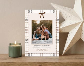 Neutral Christmas Photo Card Template, Editable Plaid Design for Canva