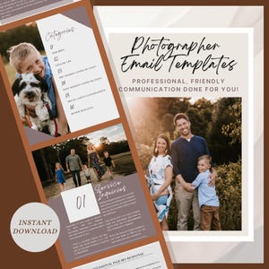 Puede incluir: Anuncio de plantillas de correo electrónico para fotógrafos. El diseño incluye fotos familiares y una lista de categorías como "Consultas" y "Seguimiento". También se muestra el texto "Descarga instantánea".