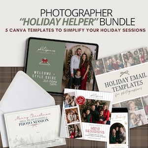 Könnte beinhalten: Werbebild für Fotografen, das ein Bundle von Canva-Vorlagen zeigt. Das Bundle umfasst einen Willkommens-Styleguide, E-Mail-Vorlagen für Feiertage und Marketingmaterialien für Mini-Sessions. Das Bild zeigt ein Tablet, ein Telefon und gedruckte Materialien.