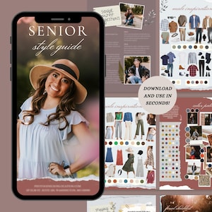 May include: A smartphone displays a "Senior Style Guide" with a woman wearing a hat and light blue dress. The guide includes outfit suggestions, color palettes, and the text "Download and Use in Seconds!"