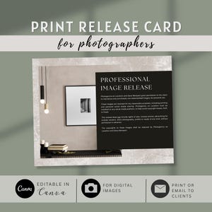 May include: A print release card for photographers, featuring the text "Print Release Card for photographers." The card includes a black box with "Professional Image Release" text and icons for digital images and email.