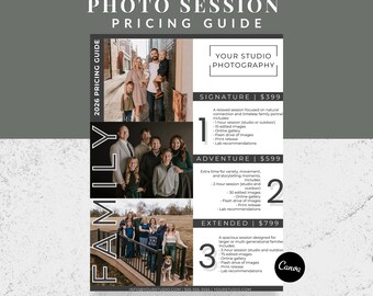 Plantilla de guía de precios de fotografía / Lista de precios, paquetes y servicios de fotógrafo familiar / Editable en Canva