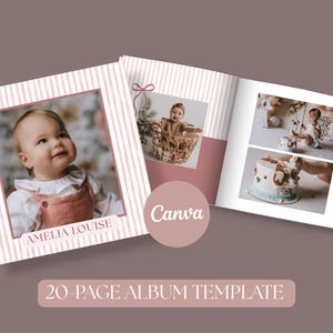 Digital Photo Book Template | Editable Square Canva Baby Girl Album | Pink Bow Theme