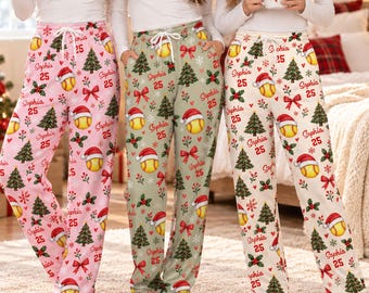 Personalized Softball Christmas Pajama Pants, Custom Name Number Xmas PJs, Softball Santa Hat Holiday Lounge Pants,Matching Family Christmas