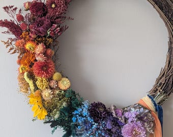 Rainbow Dried Flower Wreath: Vibrant Grapevine Decor with Ribbons