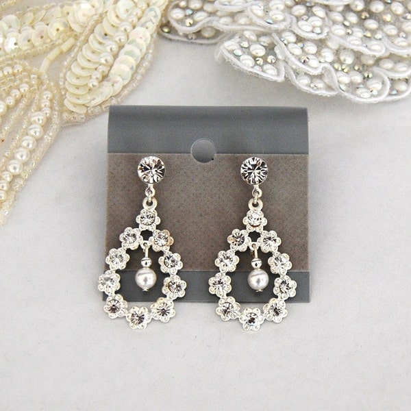 Crystal and Pearl Flower Drop Bridal Earrings