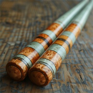 Può includere: Due mazze da baseball in legno con un motivo a strisce di blu chiaro, arancione e marrone. Le mazze sono in legno e hanno una finitura liscia.