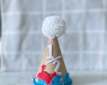 Birthday Party Hat: Burlap, Aqua Waves, White Pom Pom, crab Birthday hat, 1/2 Birthday hat