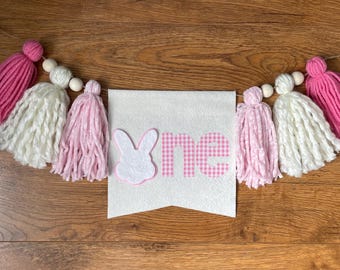 Bunny First Birthday High Chair Banner | Pink Gingham ONE Tassel Garland