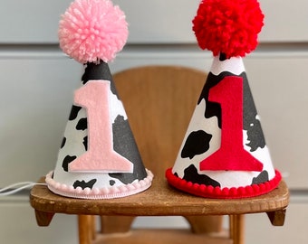 First Rodeo Birthday Hat, Cow party decor, Farm Barnyard decor, fabric cone hat