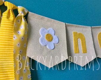 Groovy ONE birthday, Daisy banner with rag ties, high chair banner, photo prop, birthday gift, 1st Birthday,  wildflower garland