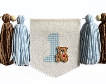 Blue Gingham 1st Birthday Banner, Teddy Bear, Yarn Tassels