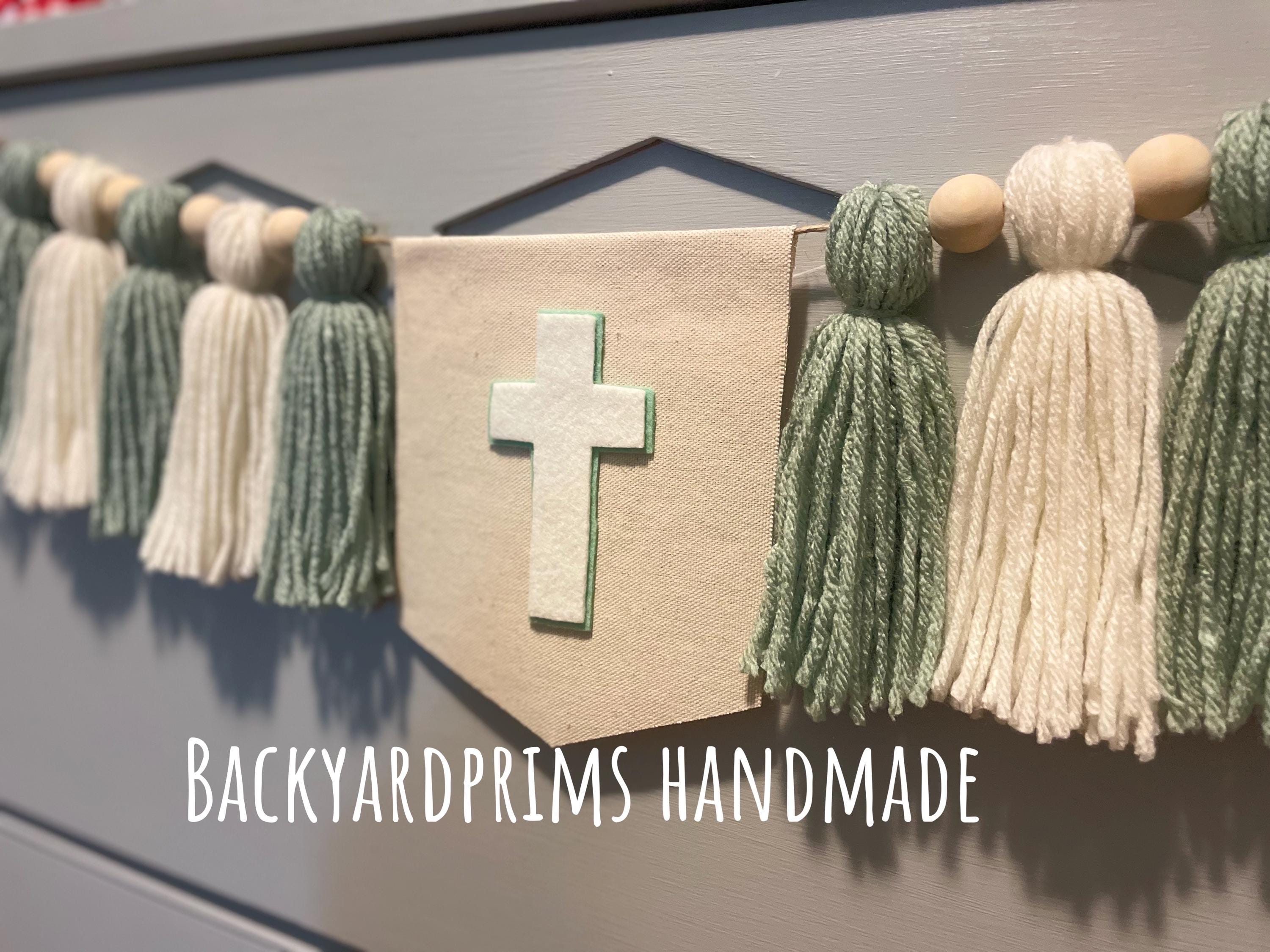 Baptism Tassel Garland, Christening highchair banner,  Sage Green & Ivory banner, Cross banner, Baby Dedication decoration, neutral  garland